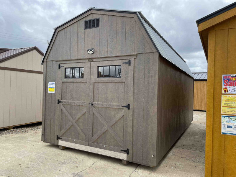 prefab shed with dark stain
