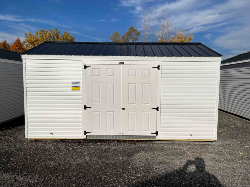 white shed with black trim for sale